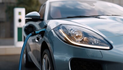 EV Electric car silhouette with low battery charging at electric charge station.
