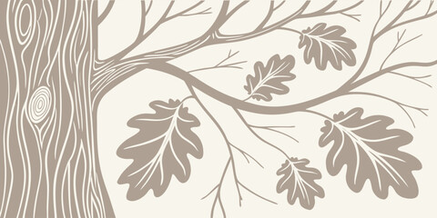 Elegant oak tree illustration featuring a detailed trunk and branches with leaves on a light background