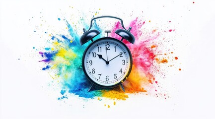 Black alarm clock surrounded by colorful powder explosion
