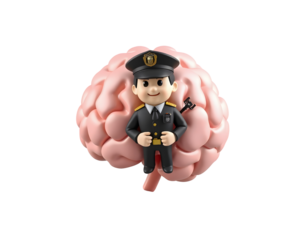 Cartoon police officer standing on a pink brain isolated on transparent background