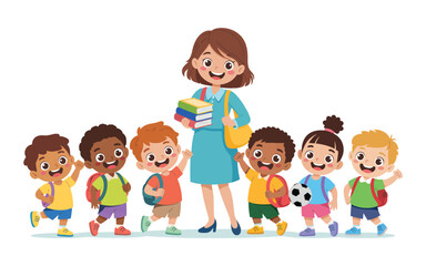 Happy teacher with diverse group of smiling children in a classroom setting