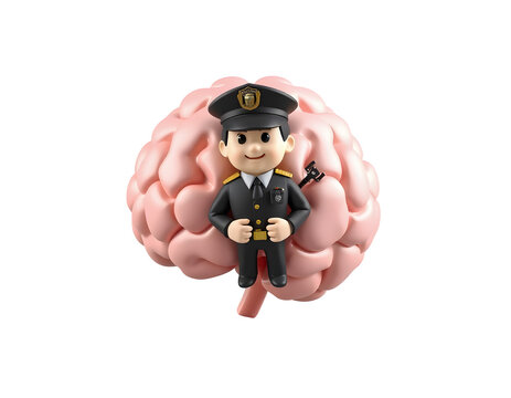 Cartoon police officer standing on a pink brain isolated on transparent background - Powered by Adobe