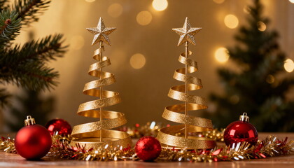 Golden Spiral Christmas Trees with Red Ornaments and Festive Lights