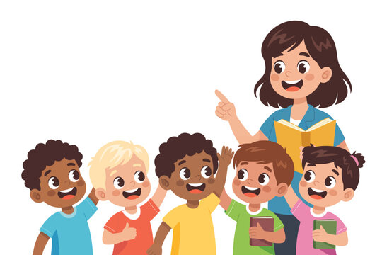 Happy diverse children raising hands to answer teacher s question