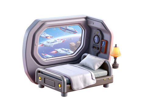 Futuristic spaceship bedroom with ocean view isolated on transparent background