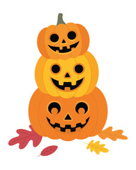 Fototapeta premium Stack of three carved halloween pumpkins with smiling faces and autumn leaves