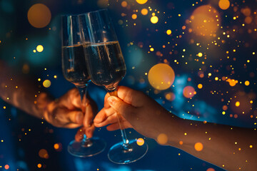 Hands with champagne glasses and shining lights around. People celebrate and raise goblets of...