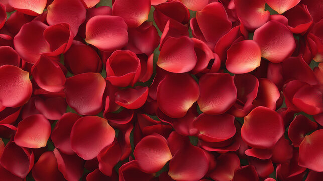 A close-up aerial view reveals a stunning tapestry of vibrant red rose petals scattered together in abundance, showcasing natural beauty and romantic essence.