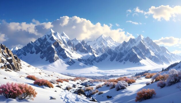 A vista of jagged, snow-capped mountains under a bright blue sky with scattered clouds, a snowy valley below