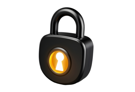 Dark padlock with glowing keyhole isolated on transparent background - Powered by Adobe
