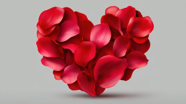 A delicate heart shape formed from numerous vibrant red rose petals, creating a romantic and loving symbol against a simple light background for Valentine's Day.