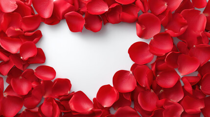 Heart shape is formed by vibrant red rose petals scattered on a clean white surface, creating a romantic and elegant design with blank copy space in the center.
