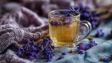 Fototapeta premium Lavender tea in glass cup with purple flowers on soft fabric background
