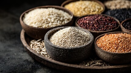 Variety of grains and seeds in wooden bowls for culinary and nutritional concepts