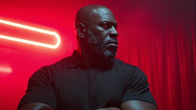 An intimidating and muscular bouncer stands guard at a nightclub entrance. A strong security guard with arms crossed under a dramatic red light. Exclusivity and nightlife security concept