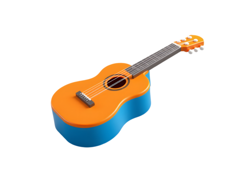Orange and blue toy acoustic guitar isolated on transparent background