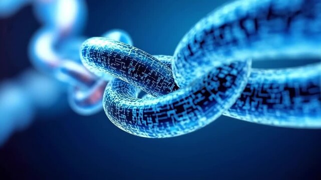 Digital blockchain chain on blue background. Cybersecurity and cryptocurrency concept