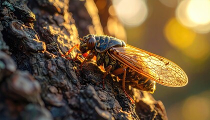 Close up of a large cicada insect on tree bark with sunlight filtering through the trees creating a warm glow and bokeh effect in the background