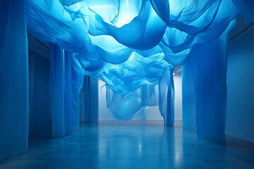 blue room with curtains