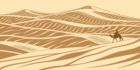 A lone camel and rider traverse the undulating sand dunes of a vast desert landscape illustration