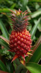 Vivid image of a red pineapple growing amidst vibrant green foliage