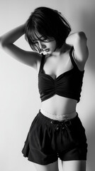 Stylish monochrome portrait of confident woman in fashionable pose
