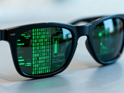 Generative AI Smart Glasses Reflecting Green Digital Data Stream and Binary Code
