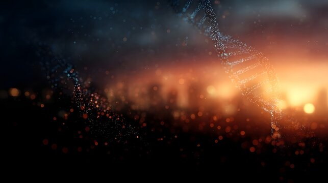 Abstract DNA helix composed of glowing particles against a blurred city skyline at dusk