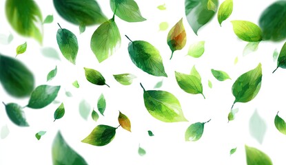 Watercolor-style leaves floating on white. Varying shades of green and yellow, vibrant and airy