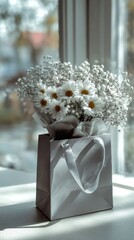 White daisies and baby's breath in a gift bag near window. Sunlight illuminates the blossoms