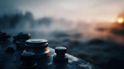 Close up of vintage mechanical controls on a textured surface with a misty sunrise over a calm body of water