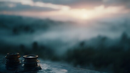 Antique optical instruments rest on a wet surface overlooking a misty landscape at dawn