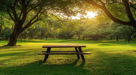 Park picnic table, sunlight, lush trees