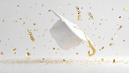 White mortarboard mid-air, gold confetti celebrating academic success