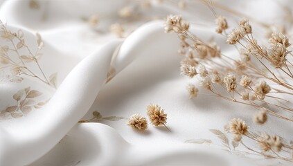 White silk fabric draped with dried flowers, evoking elegance and serenity