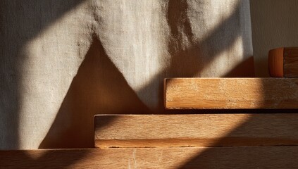 Wooden blocks and linen create striking shadows, highlighting texture