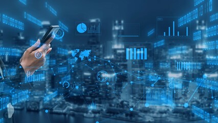 A business professional engages with a smartphone, immersed in a digital landscape of data visualizations and analytics, highlighting technology role in modern communication. Xenic