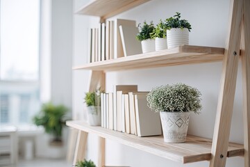 Wooden bookshelf with plants and books against a white wall