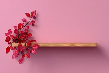 Wooden shelf adorned with vibrant red leaves against a pink backdrop