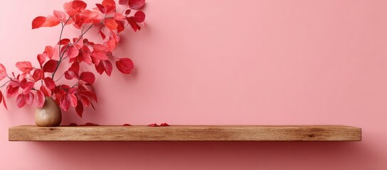 Wooden shelf with red leaves in a vase, pink wall background. Aesthetic decor