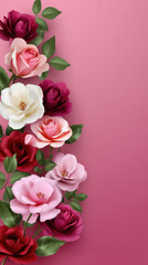 Beautiful assortment of roses in varying shades of red, pink, and white arranged along a pink background creating an elegant and romantic composition that is stunning.