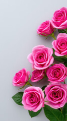 A beautiful arrangement of vibrant pink roses with lush green leaves creates an elegant floral display against a soft, neutral gray background providing contrast.