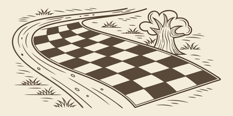 Whimsical checkered road winds through a grassy landscape with a solitary tree, creating a playful scene