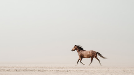 Minimalist photograph of horse running freely in open landscape
