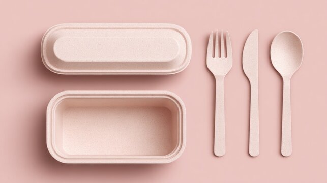 Pink lunchbox and utensils on soft pink background for food preparation