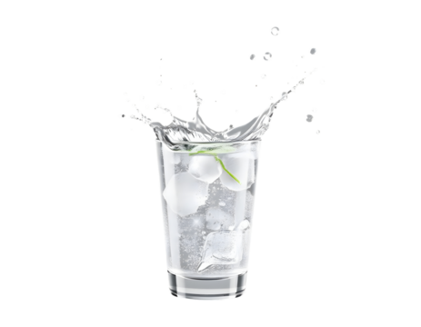 Water splash in a glass with ice cubes isolated on transparent background