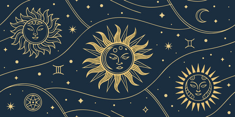 Celestial pattern with sun, moon, stars, and astrological symbols in gold on a dark blue background