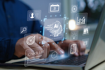 Businessman using laptop with AI smart assistant interface and digital icons automation, productivity, workflow management, data analysis, and technology innovation concept for business efficiency.