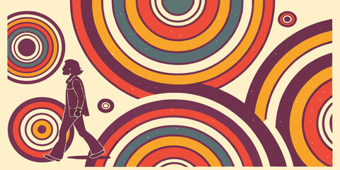 Retro groovy illustration of a person walking through concentric circles in warm colors and vintage style