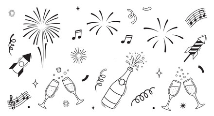Fireworks new year set. Hand drawn vector elements with doodle golden confetti, firecracker and festive sparkle for birthday, party, or new year celebration. Gold firework vector illustration
